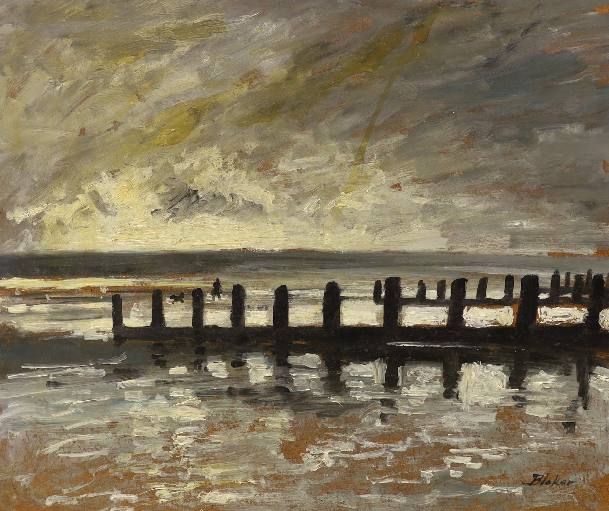 Michael John Blaker (1928-2018), two oils on board, Figures kayaking before Brighton Pier and Coastal landscape, signed, largest 51 x 61cm